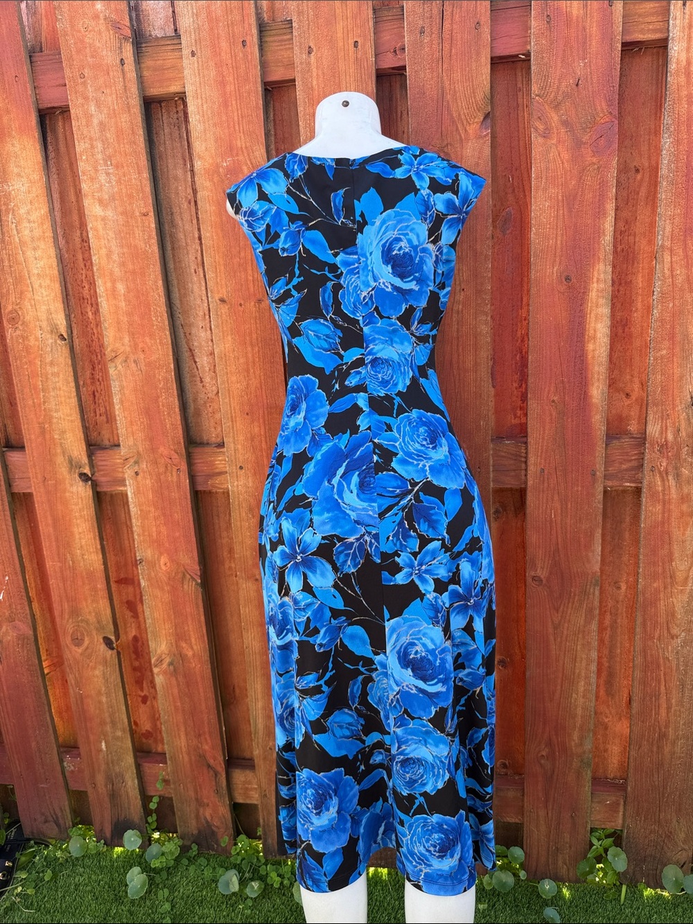 connected apparel Black and Blue Floral Cowl Neck Midi Dress Size 4 - Picture 5 of 8